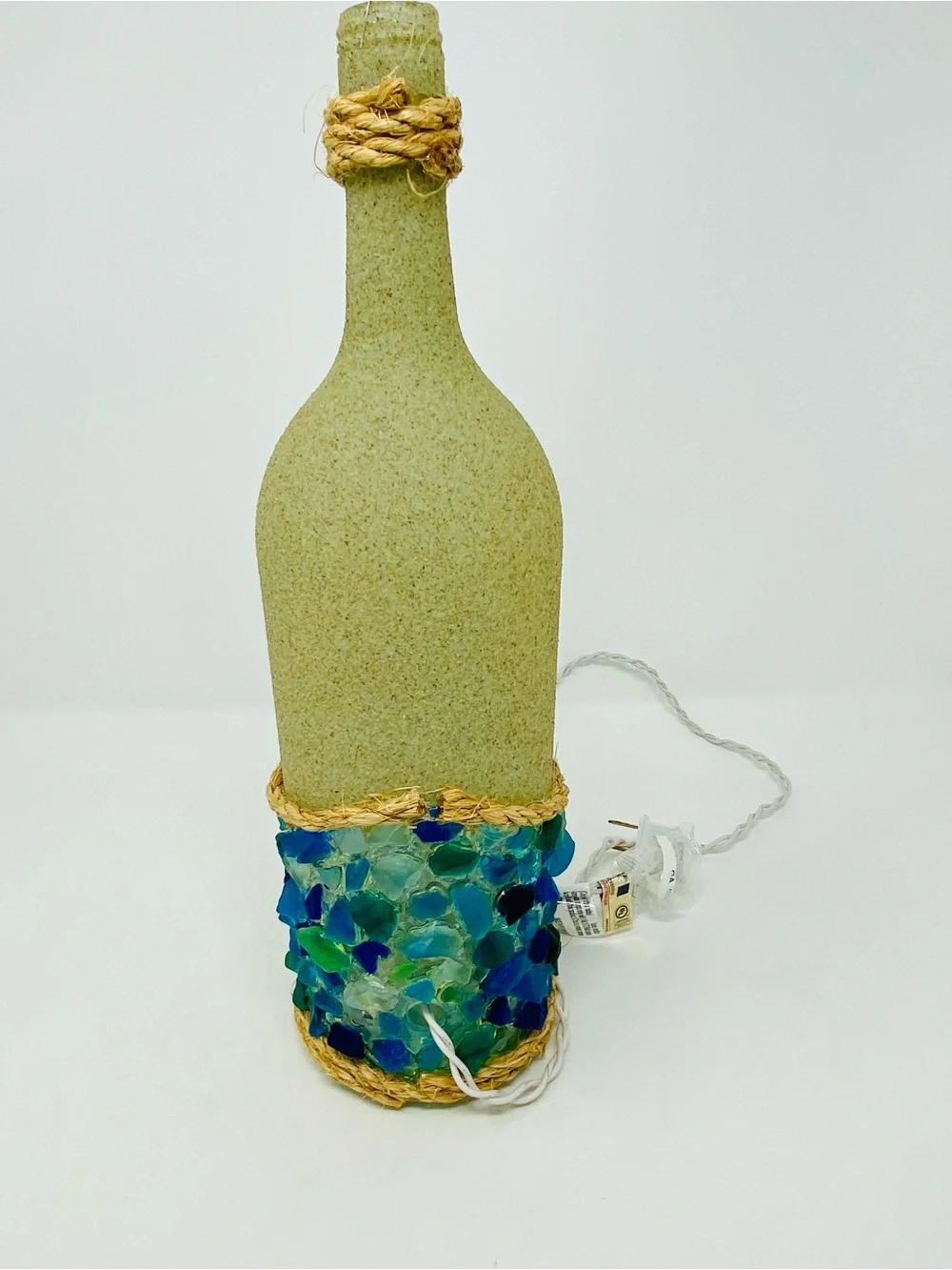 Handmade 1.5L Sand & Seaglass Light Up Coastal Decor with Rope Detail